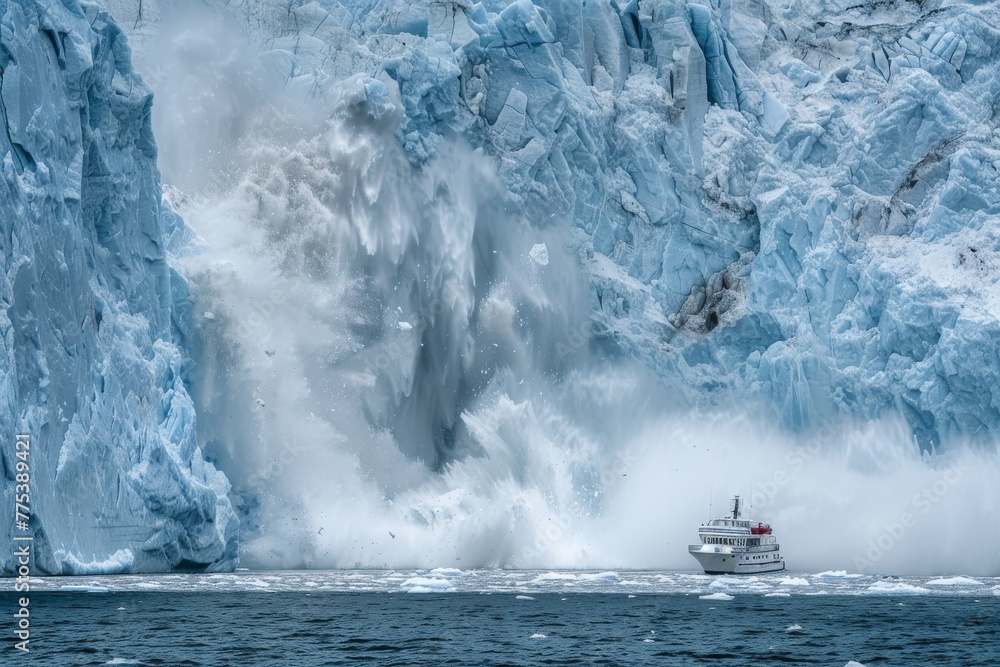 Glacier calving spectacle with a cruise ship observing the dramatic moment