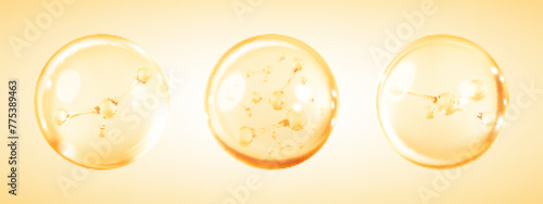 Molecules inside bubbles. Gold collagen serum bubble. Cosmetic essence. Concept skin care cosmetics solution. Vector 3d illustration