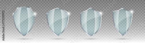 Set of glass shields. Protected guard shield concept. Safety badge icon. Privacy banner shield. Security safeguard label. Realistic vector illustration photo