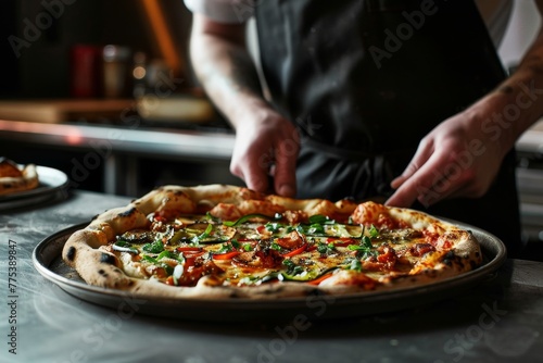 Chef presenting freshly baked gourmet pizza in a restaurant