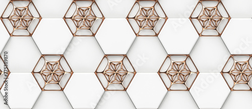 3D hexagon made of white painted wood with red gold grid decor photo
