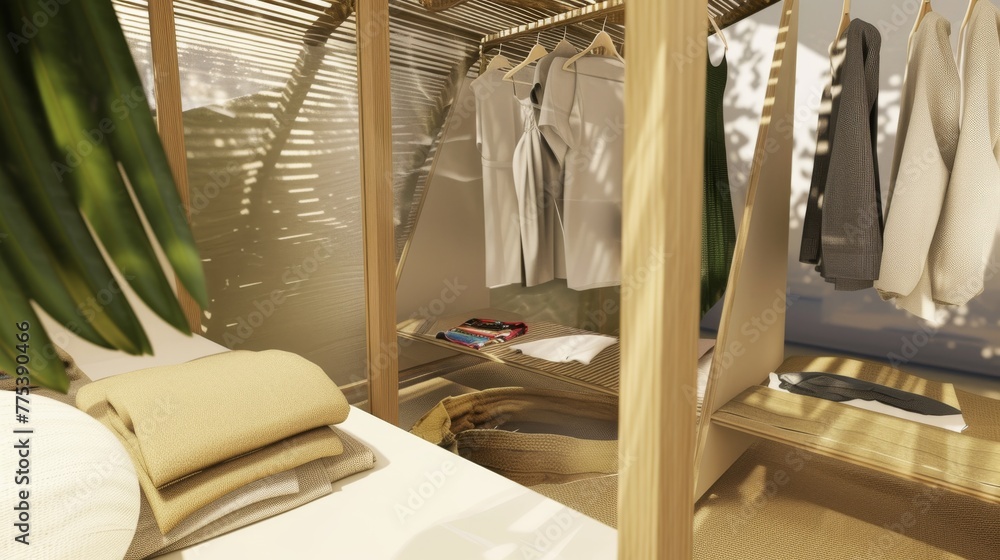 view of a photo of a dressing room using natural and sustainable materials, as well as clothing recycling systems to reduce the environmental footprint and create sustainable and responsible