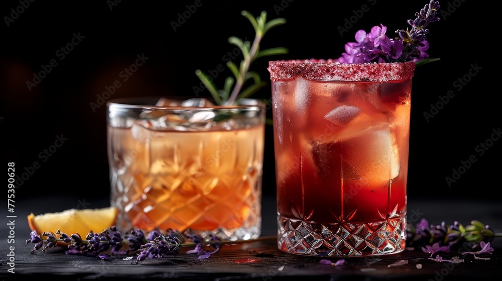 A pair of glasses filled with drinks beside a slice of lemon and a flower on the tabletop A pair of glasses filled with drinks beside a slice of lemon and a flower on the tabletop