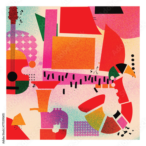 Modern music poster with abstract and minimalistic musical instruments assembled from colorful geometric forms and shapes. Vibrant musical collage.