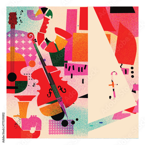 Modern music poster with abstract and minimalistic musical instruments assembled from colorful geometric forms and shapes. Vibrant musical collage.