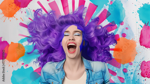 Creative composite artwork featuring an overjoyed woman with vibrant purple hair and colorful abstract background, expressing happiness and artistic energy.