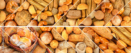 Panoramic set of fresh bread products.