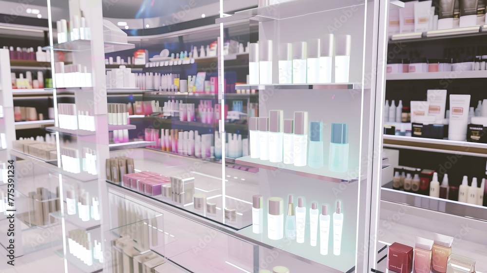 Photo of a cosmetics store with halogram shelves where customers can browse and select cosmetic products, receiving additional information about their properties and benefits --no text, titles --ar 16