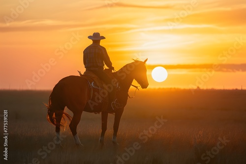 Cowboy on horseback rides into sunsets warm golden glow © NBXt