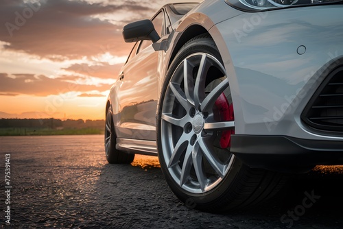 Dramatic sunset close up of tire adds depth to automotive scene