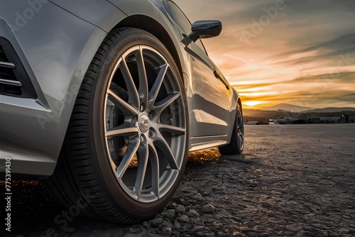 Dramatic sunset close up of tire adds depth to automotive scene © NBXt