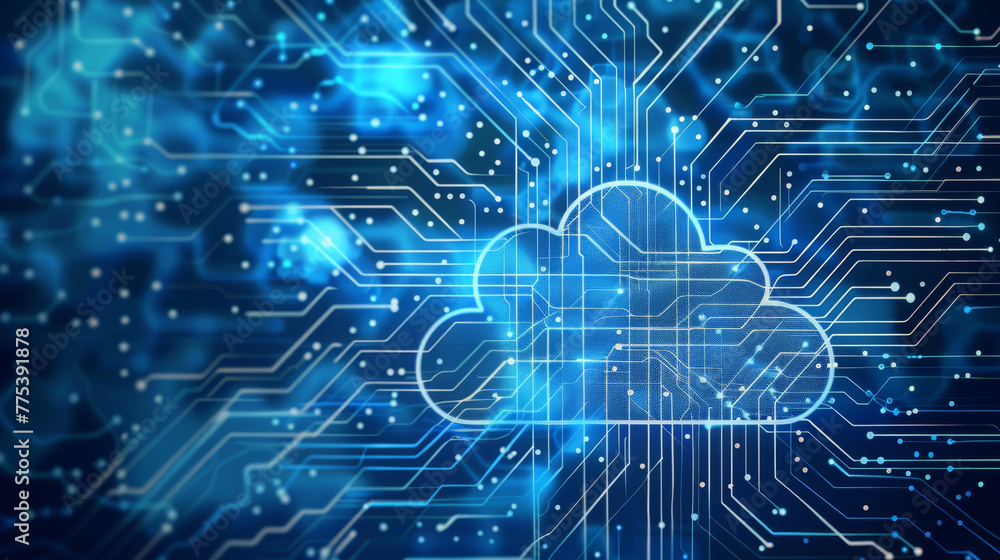 Illustration of a cloud on blue digital network lines - cloud computing concept Illustration of a cloud on blue digital network lines - cloud computing concept