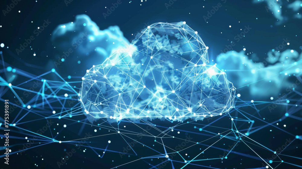 Illustration of a cloud on blue digital network lines - cloud computing concept Illustration of a cloud on blue digital network lines - cloud computing concept