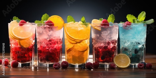 Colorful fruit cocktails, ice chilling, on a blue canvas. Sliced fruits floating, like a party in a glass. Sip the rainbow, taste the joy. Refreshing juice cocktail, 