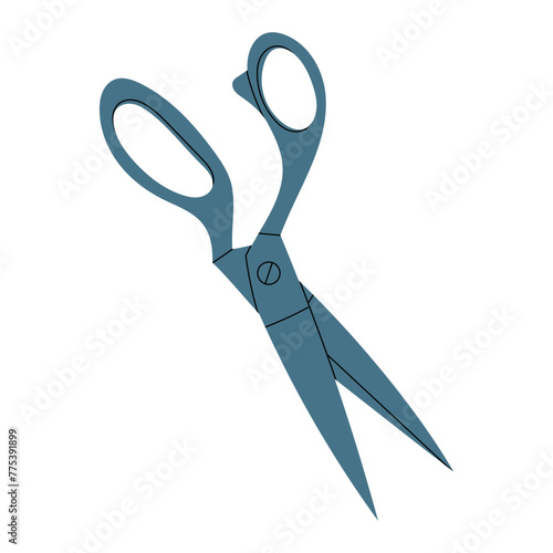 Blue tailor scissors for cutting, cutting, grooming in flat style. Vector stock cartoon illustration of open scissors on isolated white background. Metal blades