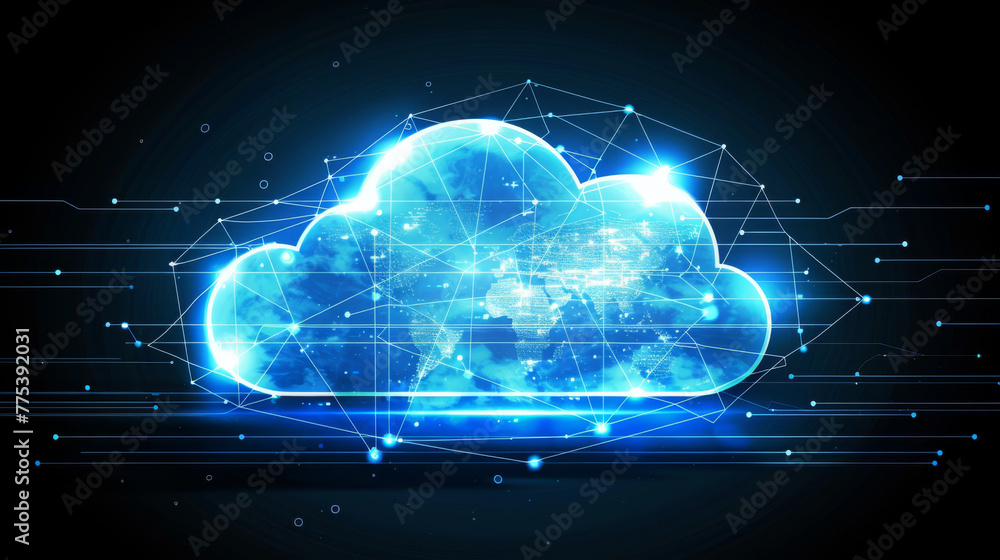 Illustration of a cloud on blue digital network lines - cloud computing concept Illustration of a cloud on blue digital network lines - cloud computing concept