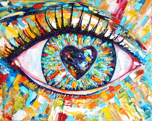 Oil painting of an eye with a pupil in the heart. Loving look.