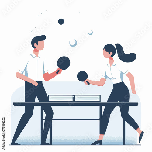cartoon table tennis sport match with coworker in flat design style