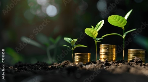pile of coins with plants , investment concept, save money photo