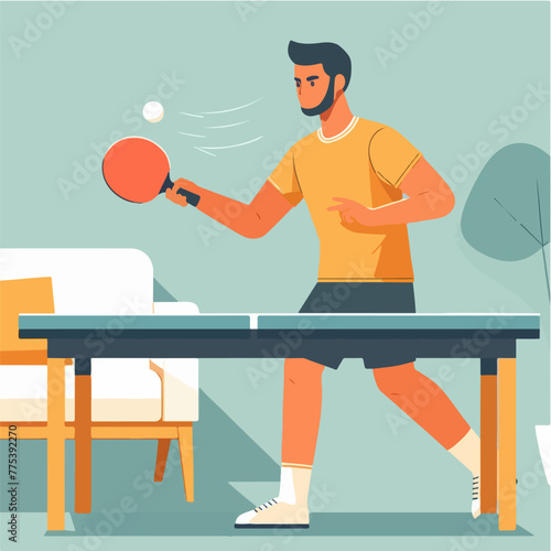 cartoon of male athlete playing table tennis sport in flat design style