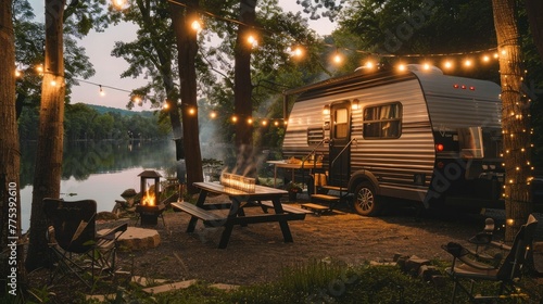 Travel trailer parked by the lake with outdoor seating and garlands. The setting sun colors its sleek exterior with warm hues, creating an atmosphere for outdoor relaxation.
