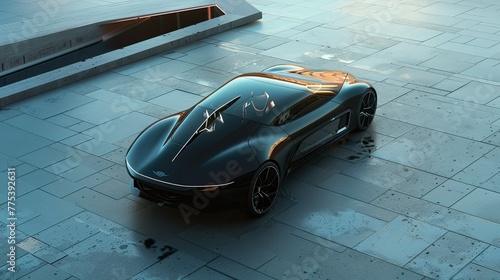 Black electric car parked on an empty concrete platform from above. The exterior of the car has a streamlined shape reminiscent of high-end luxury cars.