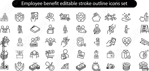 Employee benefit editable stroke outline icons set isolated on white background flat vector illustration. Pixel perfect