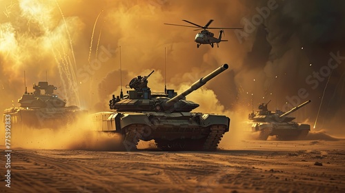 An armored fighting vehicle with long guns on the roof moving in front, another tank behind it and two helicopters flying above the tank, smoke from explosions in the background