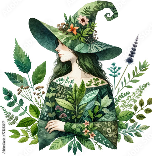Nature Witch with Floral Hat Watercolor Clipart Isolated
