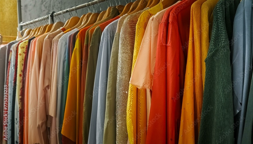 Chic Showcase: Stylish Women's Fashion Items Displayed on Colorful Racks in Boutique Shop