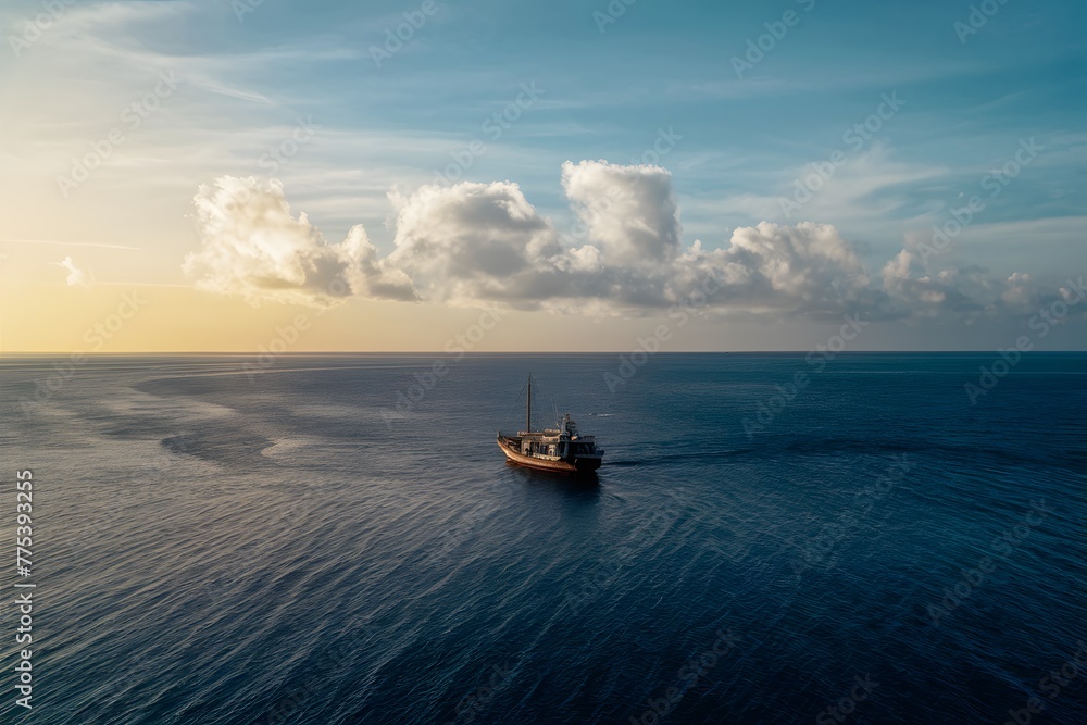 Serene boat sails quietly embracing vast open sea in solitude