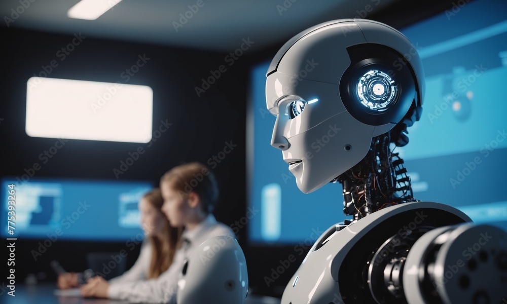 A robot presents in a classroom filled with students and cameras