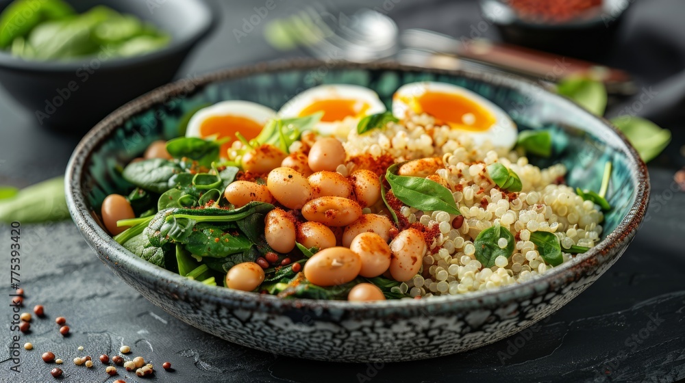 A bowl of rice, eggs, and spinach leaves sits on a table with other dishes in the background A bowl of rice, eggs, and spinach leaves sits on a table with other dishes in the background