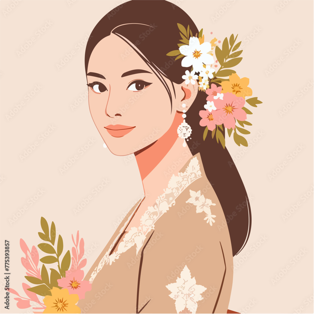 charming girl with flowers to celebrate kartini day in flat design style
