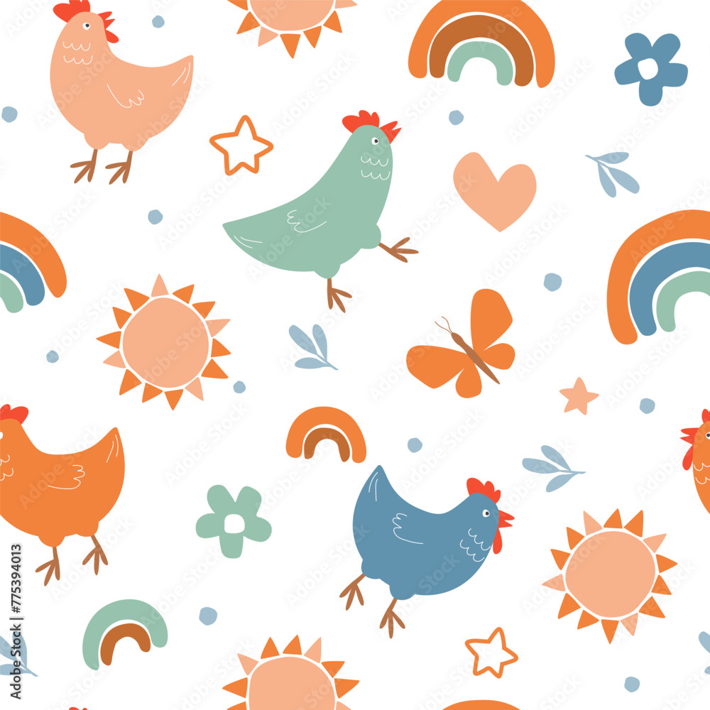 Seamless pattern with cute chickens, rainbows, suns, flowers, butterflies. Summer abstract baby print. Vector graphics.