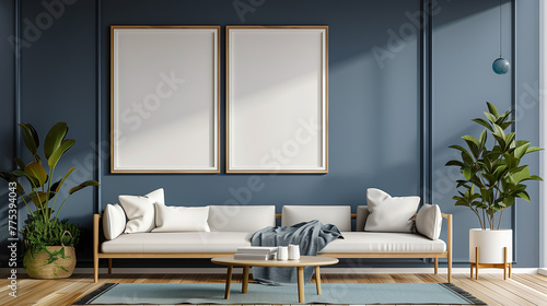 Stylish modern living room interior featuring a wooden frame poster mockup  cozy sofa  plants  and elegant decor elements.