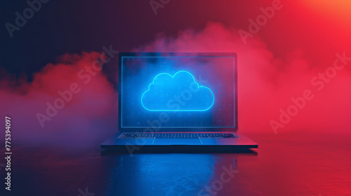 illustration of laptop with cloud on screen - red and blue colors - computing concept