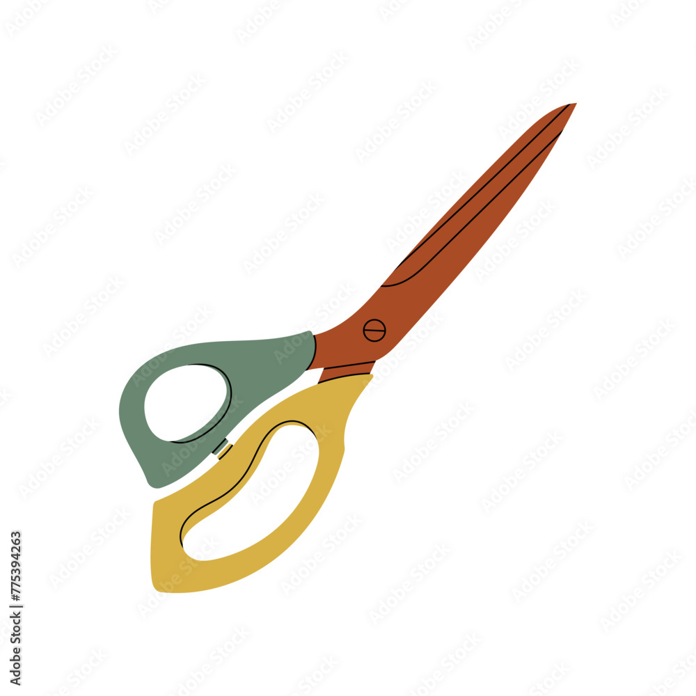 Green yellow tailor scissors for cutting, cutting, grooming in flat style. Vector stock cartoon illustration of closed scissors on isolated white background. Metal blades Green yellow tailor scissors for cutting, cutting, grooming in flat style. Vector stock cartoon illustration of closed scissors on isolated white background. Metal blades