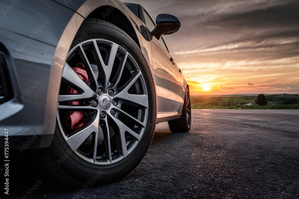 Tire close up with sunset backdrop creates dramatic automotive image