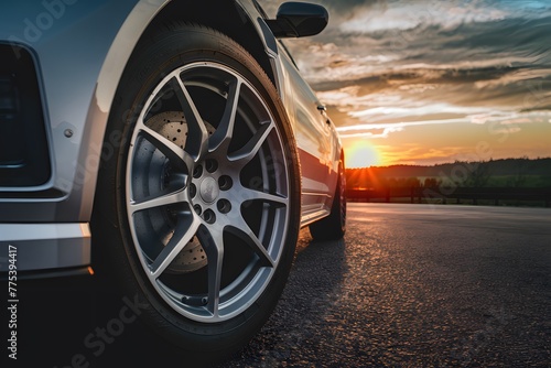 Tire close up with sunset backdrop creates dramatic automotive image © NBXt