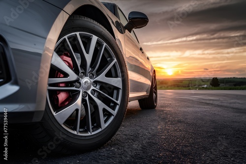 Tire close up with sunset backdrop creates dramatic automotive image