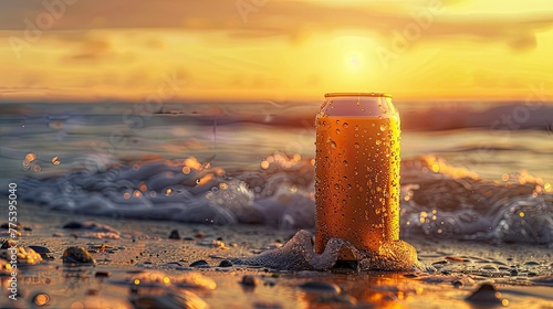 Beer can on the beach with water drops and waves in front, sunset in the background, orange tones, shallow depth of field with blurred background. photo