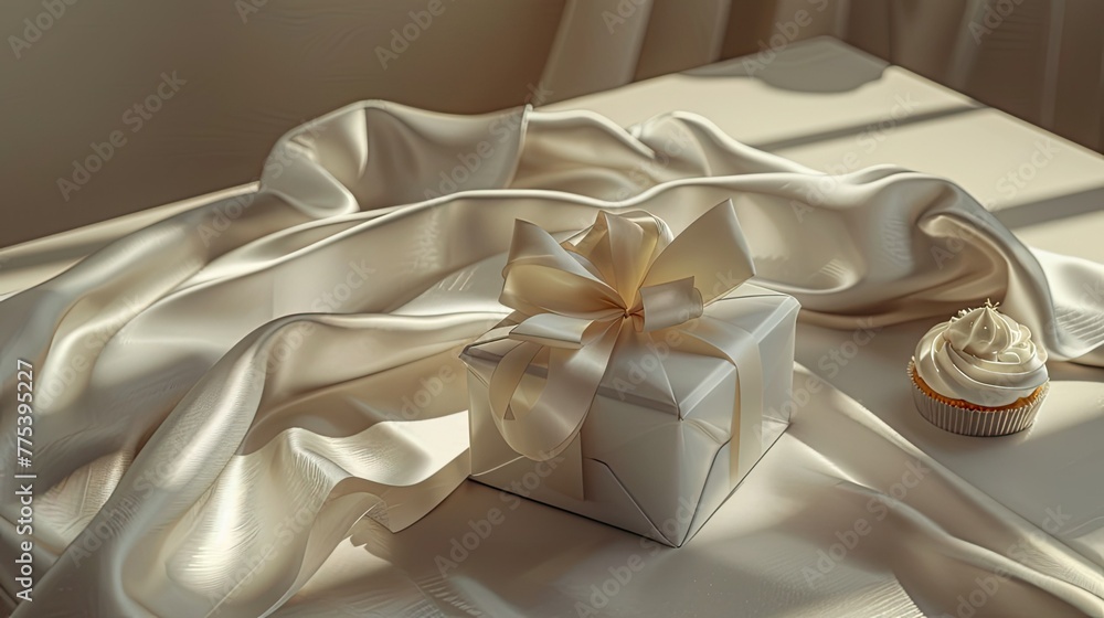 Fototapeta premium A white gift box with a satin ribbon, next to it an elegant cake in beige tones. The background is made of delicate white linen fabric. A bouquet of eucalyptus adds freshness.