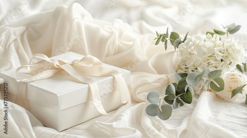 A white gift box with a satin ribbon, next to it an elegant cake in beige tones. The background is made of delicate white linen fabric. A bouquet of eucalyptus adds freshness.