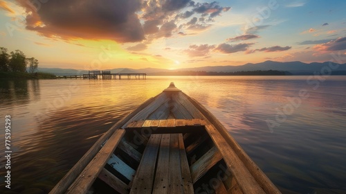 An old wooden boat moored at the end of an endless pier, sunset colors, beautiful view of the lake, calm atmosphere. photo