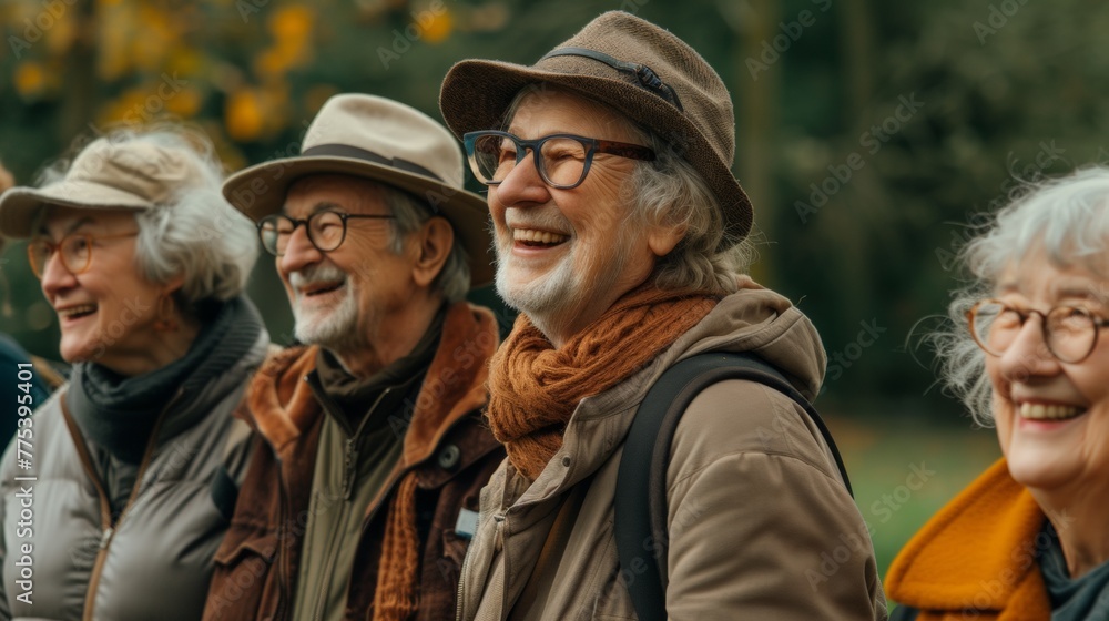 A group of elderly people wearing hats and glasses standing next to each other, AI A group of elderly people wearing hats and glasses standing next to each other, AI