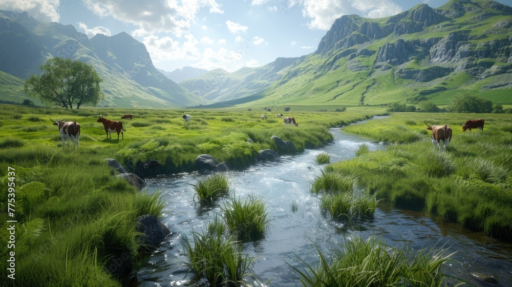 A serene landscape with grazing cows in the foreground and a small stream flowing through lush green meadows under a blue sky. The distant mountains create a charming backdrop. A serene landscape with grazing cows in the foreground and a small stream flowing through lush green meadows under a blue sky. The distant mountains create a charming backdrop.