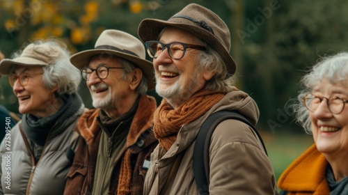 A group of elderly people wearing hats and glasses standing next to each other, AI