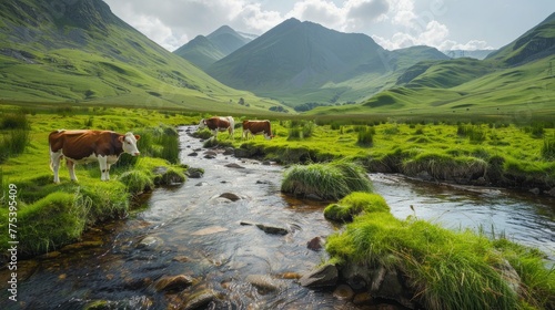 A serene landscape with grazing cows in the foreground and a small stream flowing through lush green meadows under a blue sky. The distant mountains create a charming backdrop.