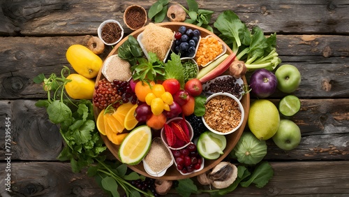 Healthy food with organic fruit, vegetables, grains and high fibre foods on a rustic wooden table photo